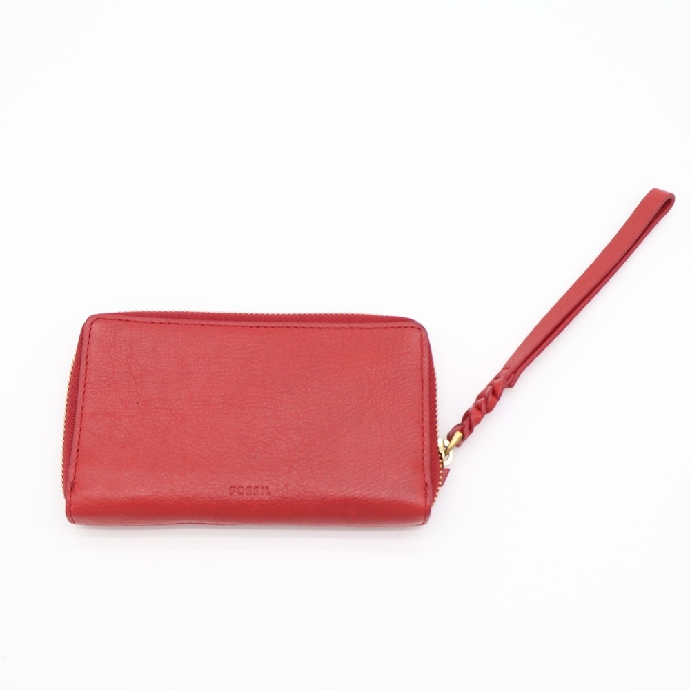 Fossil Women's Red Pebbled Leather Credit Card Slot Clutch Wristlet Wallet